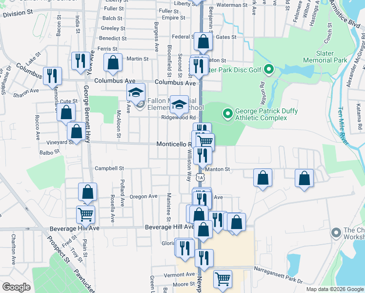 map of restaurants, bars, coffee shops, grocery stores, and more near 171 Woodhaven Road in Pawtucket