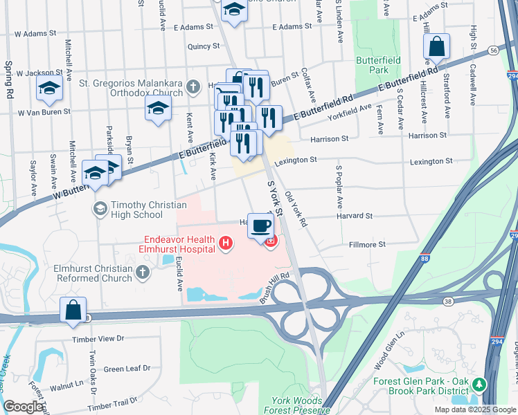 map of restaurants, bars, coffee shops, grocery stores, and more near S540 Kendall Avenue in Elmhurst