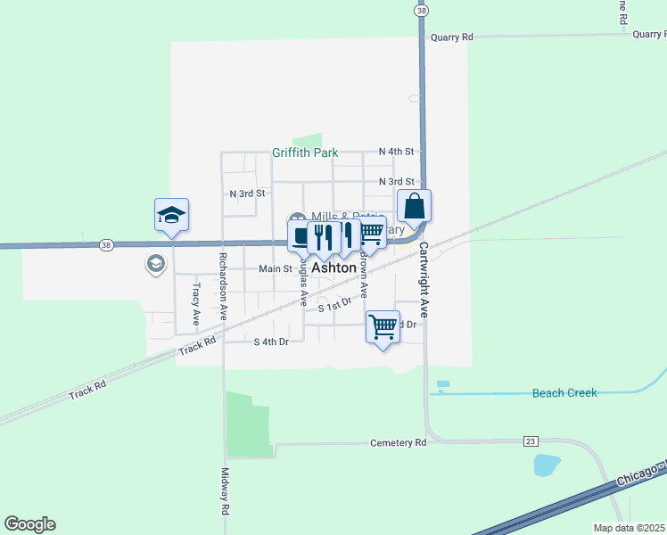 map of restaurants, bars, coffee shops, grocery stores, and more near in Ashton