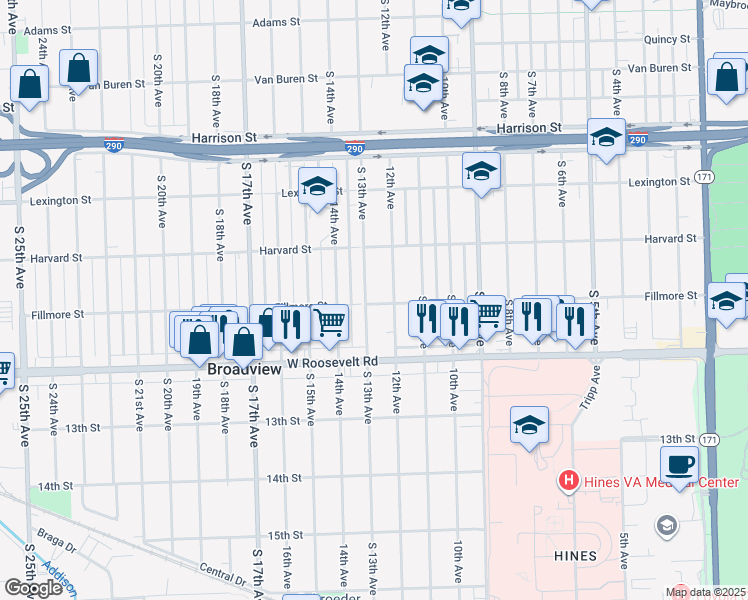 map of restaurants, bars, coffee shops, grocery stores, and more near 2030 12th Avenue in Maywood