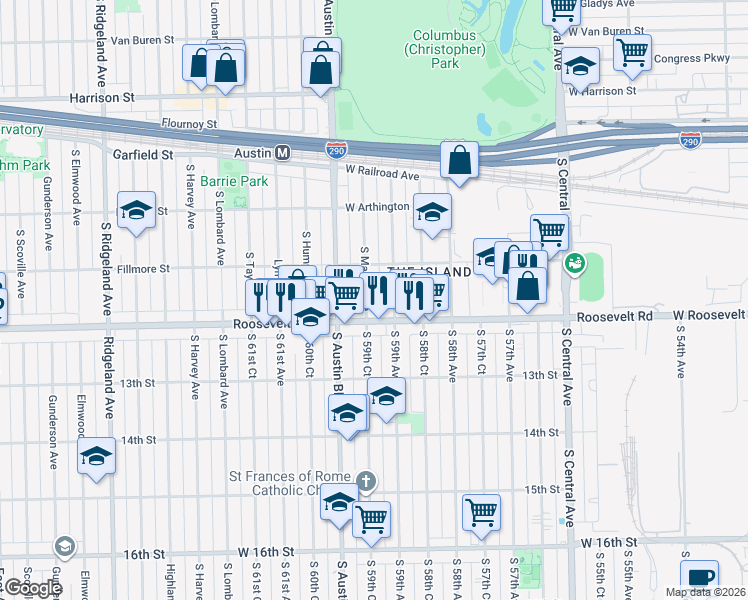 map of restaurants, bars, coffee shops, grocery stores, and more near 1137 South Mason Avenue in Chicago