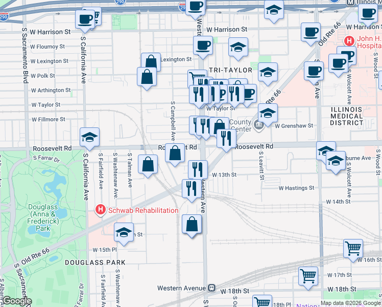 map of restaurants, bars, coffee shops, grocery stores, and more near 2427 West Roosevelt Road in Chicago
