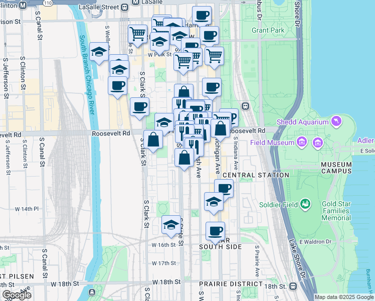 map of restaurants, bars, coffee shops, grocery stores, and more near 1231 South State Street in Chicago