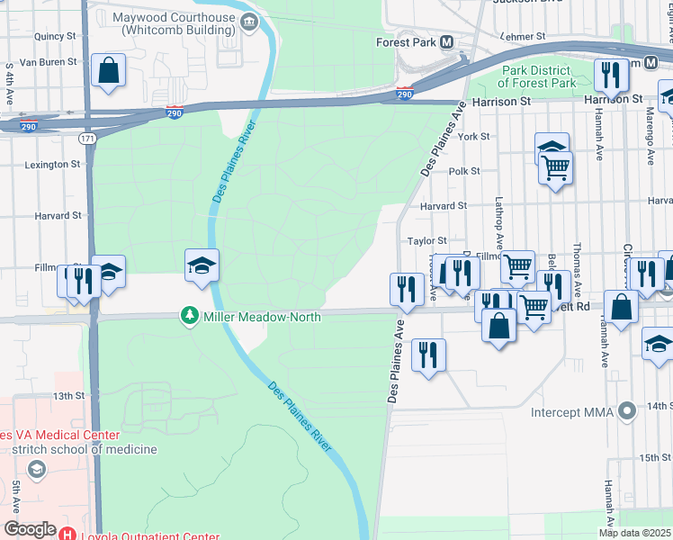map of restaurants, bars, coffee shops, grocery stores, and more near 863 Des Plaines Avenue in Forest Park