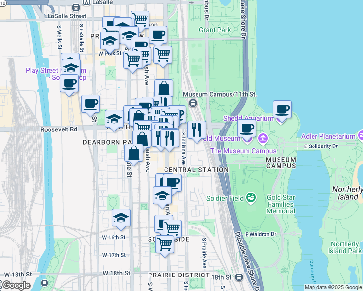 map of restaurants, bars, coffee shops, grocery stores, and more near 1231 South Prairie Avenue in Chicago