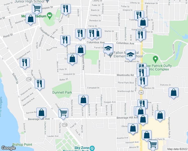 map of restaurants, bars, coffee shops, grocery stores, and more near 6 Brook Court in Pawtucket