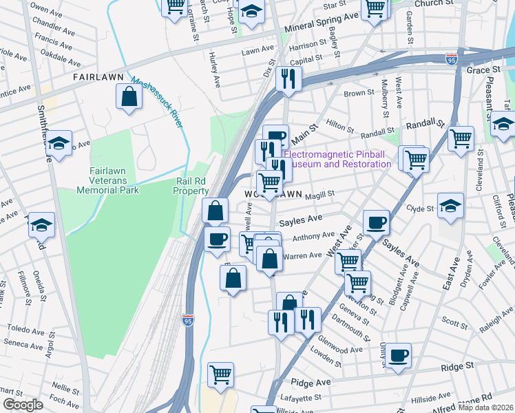 map of restaurants, bars, coffee shops, grocery stores, and more near 183 Magill Street in Pawtucket