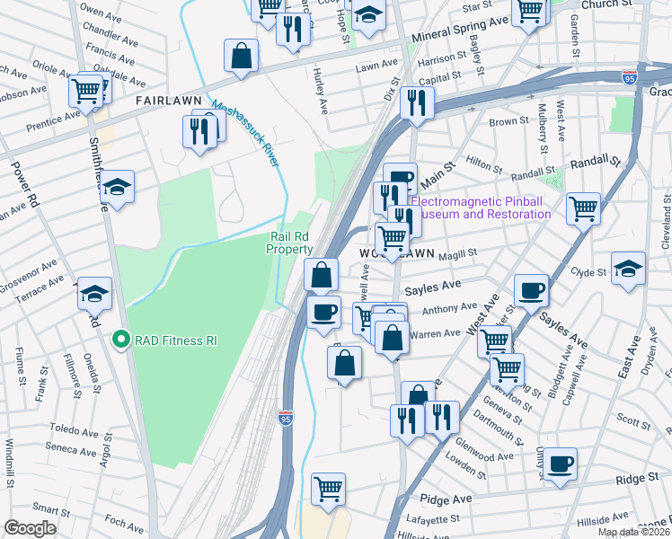map of restaurants, bars, coffee shops, grocery stores, and more near 157 Sherman Street in Pawtucket