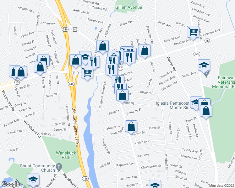 map of restaurants, bars, coffee shops, grocery stores, and more near 1021 Rhode Island 246 in North Providence