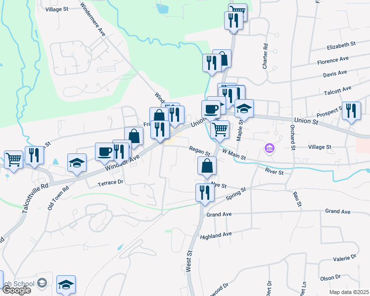 map of restaurants, bars, coffee shops, grocery stores, and more near 4 Regan Street in Vernon