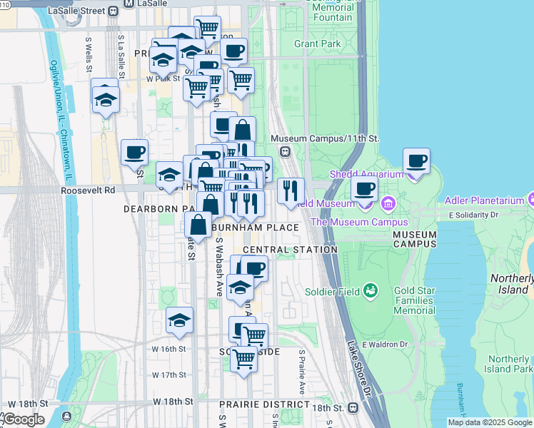 map of restaurants, bars, coffee shops, grocery stores, and more near 1231 South Prairie Avenue in Chicago