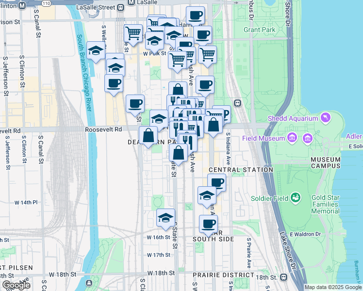map of restaurants, bars, coffee shops, grocery stores, and more near 1231 South State Street in Chicago