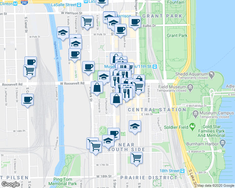 map of restaurants, bars, coffee shops, grocery stores, and more near 1231 South State Street in Chicago