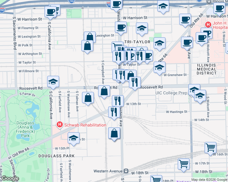 map of restaurants, bars, coffee shops, grocery stores, and more near 2427 West Roosevelt Road in Chicago