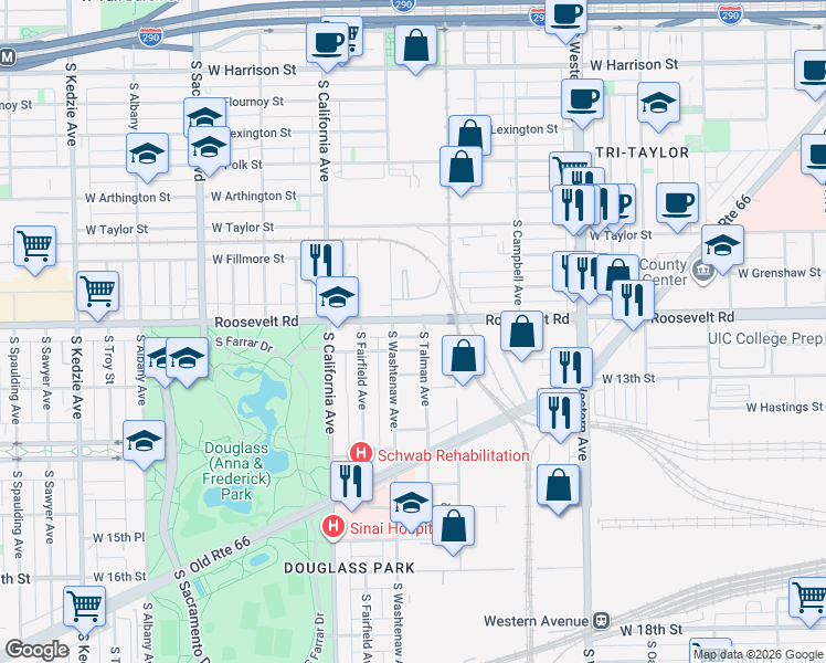 map of restaurants, bars, coffee shops, grocery stores, and more near 2651 Roosevelt Road in Chicago
