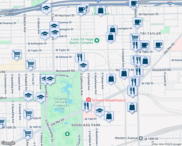 map of restaurants, bars, coffee shops, grocery stores, and more near in Chicago