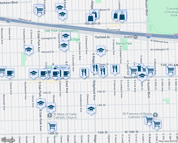map of restaurants, bars, coffee shops, grocery stores, and more near 1163 South Ridgeland Avenue in Oak Park