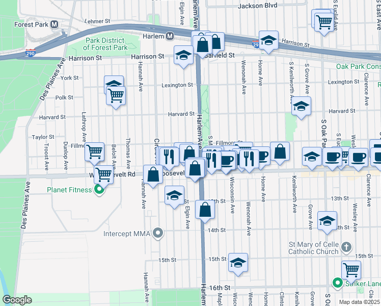 map of restaurants, bars, coffee shops, grocery stores, and more near 1107 Elgin Avenue in Forest Park