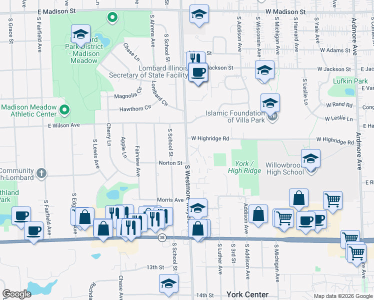 map of restaurants, bars, coffee shops, grocery stores, and more near 1049 South Westmore-Meyers Road in Lombard