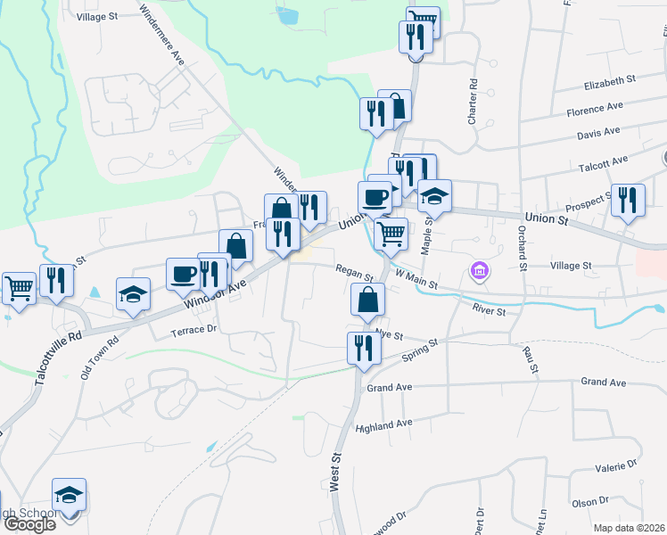 map of restaurants, bars, coffee shops, grocery stores, and more near 4 Regan Street in Vernon