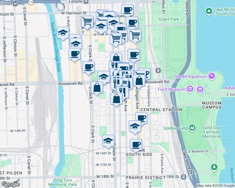 map of restaurants, bars, coffee shops, grocery stores, and more near 1255 South State Street in Chicago