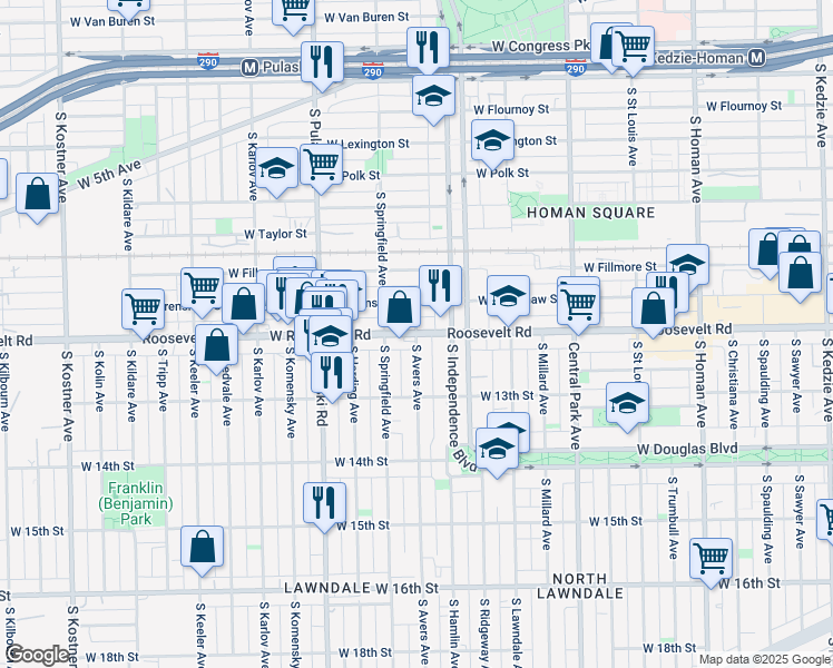 map of restaurants, bars, coffee shops, grocery stores, and more near West Roosevelt Road & S Avers Ave in Chicago