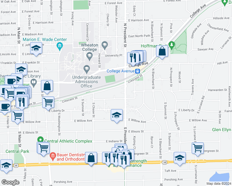 map of restaurants, bars, coffee shops, grocery stores, and more near 900 Crescent Street in Wheaton