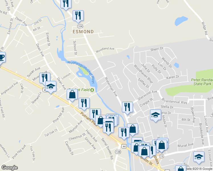 map of restaurants, bars, coffee shops, grocery stores, and more near Greystone Avenue in North Providence