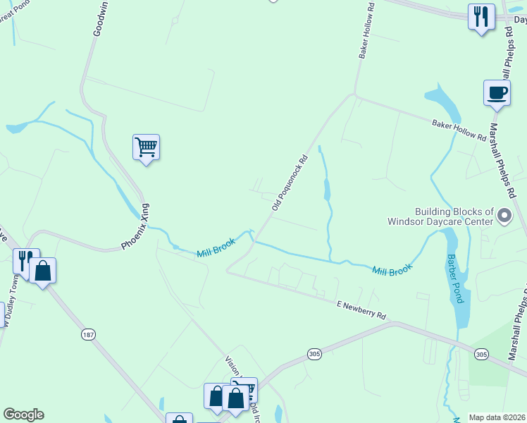map of restaurants, bars, coffee shops, grocery stores, and more near 93 Old Poquonock Road in Bloomfield