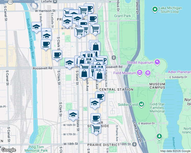 map of restaurants, bars, coffee shops, grocery stores, and more near 1250 South Michigan Avenue in Chicago