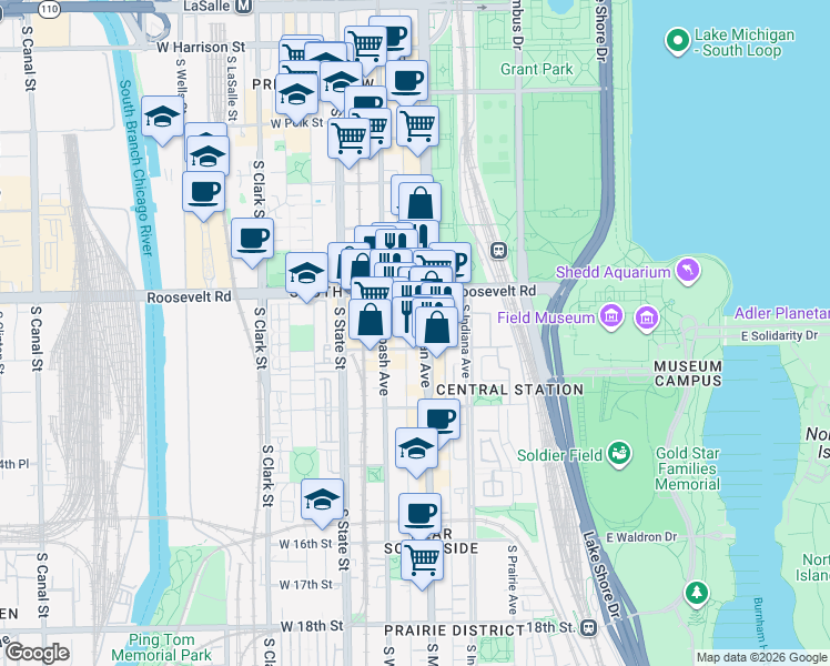 map of restaurants, bars, coffee shops, grocery stores, and more near 1250 South Michigan Avenue in Chicago