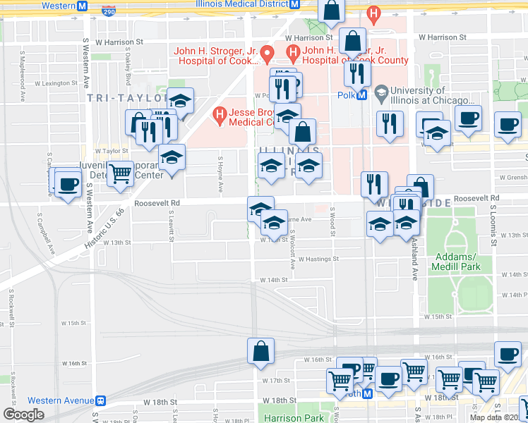 map of restaurants, bars, coffee shops, grocery stores, and more near 1941 West Roosevelt Road in Chicago