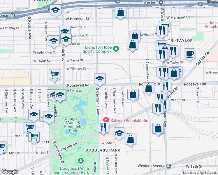 map of restaurants, bars, coffee shops, grocery stores, and more near 2719 Roosevelt Road in Chicago