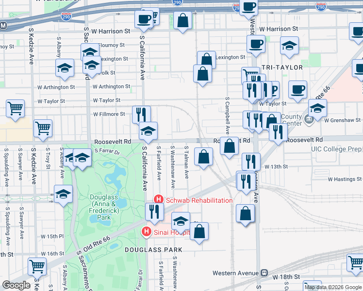 map of restaurants, bars, coffee shops, grocery stores, and more near 2651 Roosevelt Road in Chicago