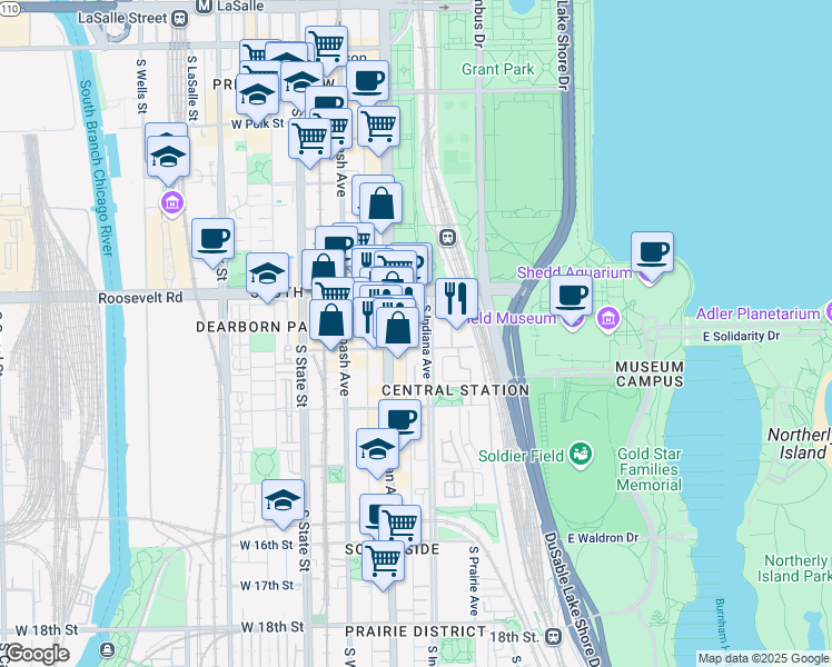 map of restaurants, bars, coffee shops, grocery stores, and more near 1250 South Indiana Avenue in Chicago