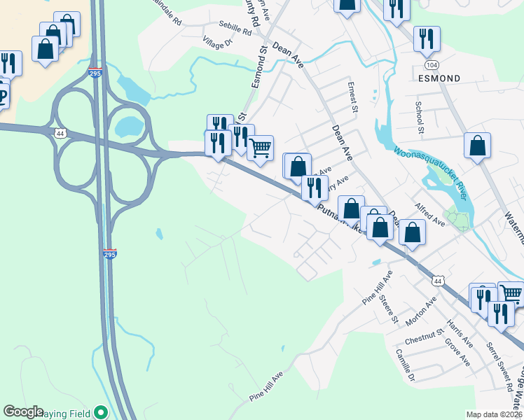 map of restaurants, bars, coffee shops, grocery stores, and more near 12 Anglewood Avenue in Johnston