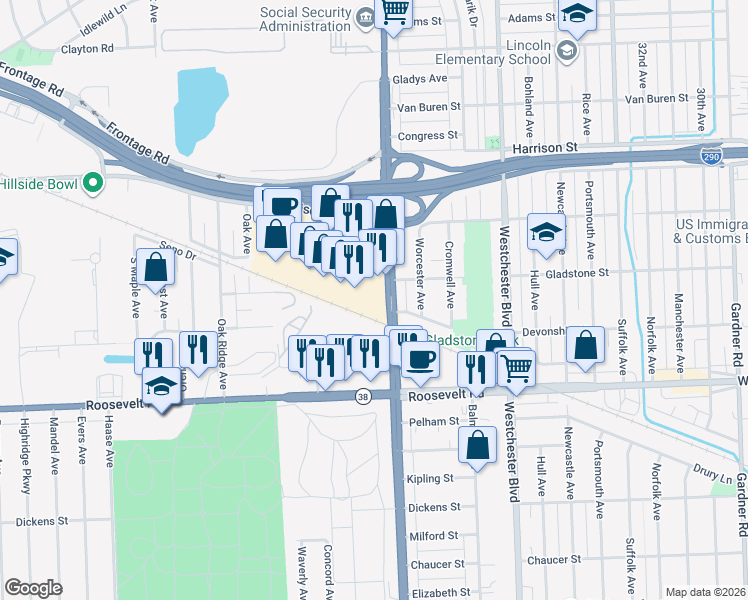 map of restaurants, bars, coffee shops, grocery stores, and more near 200 South Mannheim Road in Hillside
