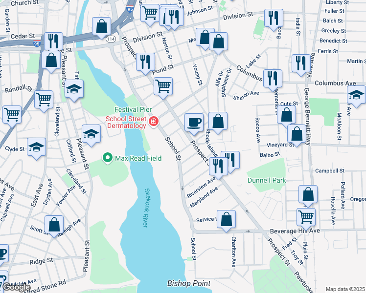 map of restaurants, bars, coffee shops, grocery stores, and more near 333 Prospect Street in Pawtucket