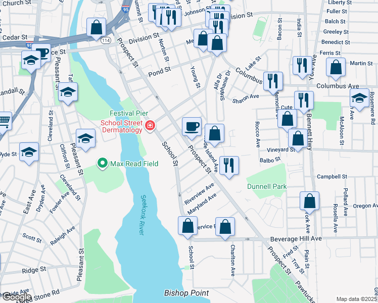 map of restaurants, bars, coffee shops, grocery stores, and more near 45 Exeter Avenue in Pawtucket