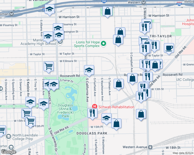 map of restaurants, bars, coffee shops, grocery stores, and more near 2719 Roosevelt Road in Chicago