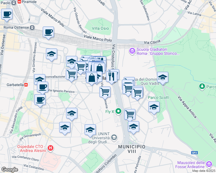 map of restaurants, bars, coffee shops, grocery stores, and more near 90 Via Cristoforo Colombo in Roma