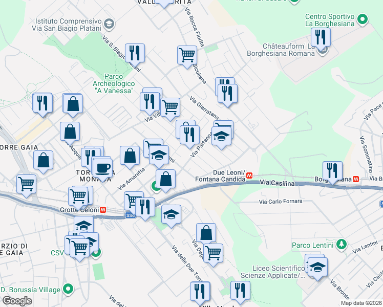 map of restaurants, bars, coffee shops, grocery stores, and more near 57 Via Carlentini in Roma