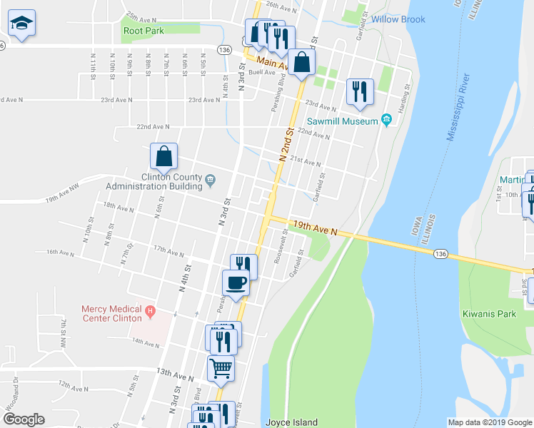 map of restaurants, bars, coffee shops, grocery stores, and more near 1900 North 2nd Street in Clinton