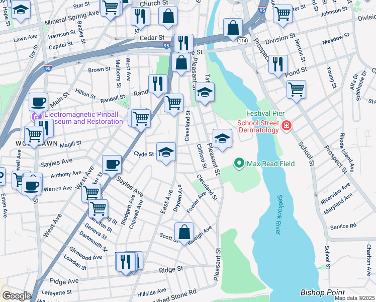 map of restaurants, bars, coffee shops, grocery stores, and more near 60 Rhodes Street in Pawtucket