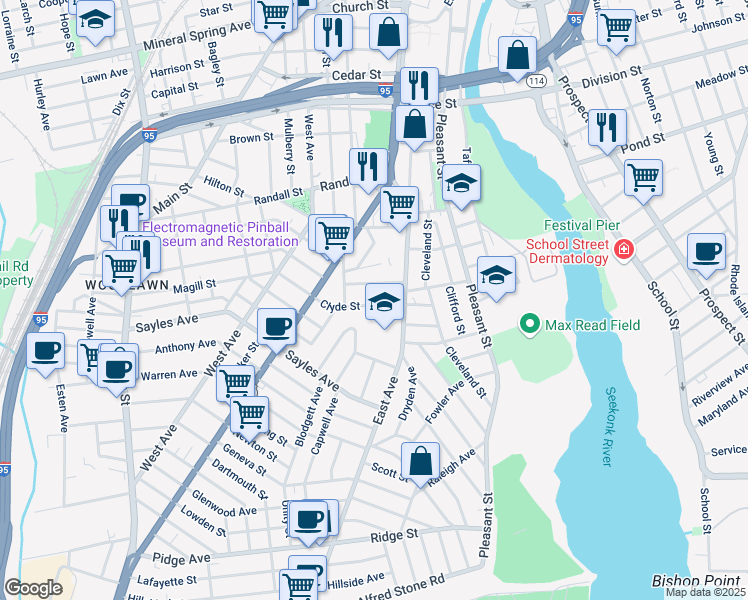 map of restaurants, bars, coffee shops, grocery stores, and more near 18 Highland Street in Pawtucket
