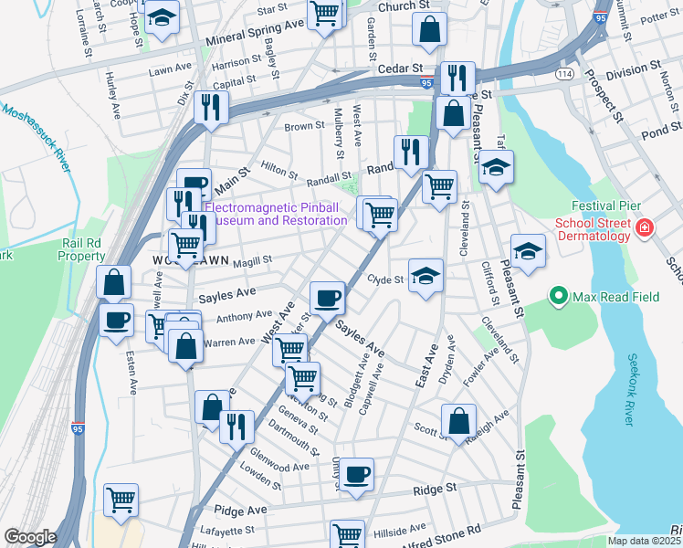 map of restaurants, bars, coffee shops, grocery stores, and more near 81 Dunnell Avenue in Pawtucket