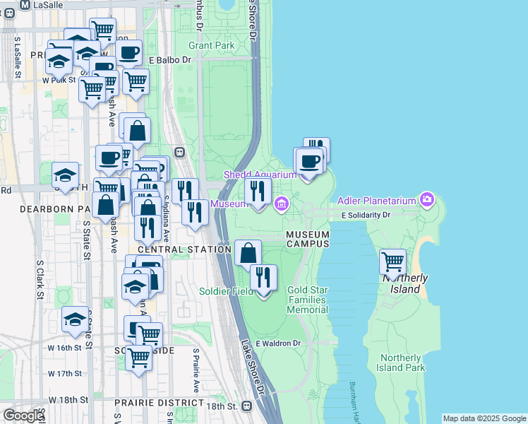 map of restaurants, bars, coffee shops, grocery stores, and more near 1400 South Lake Shore Drive in Chicago