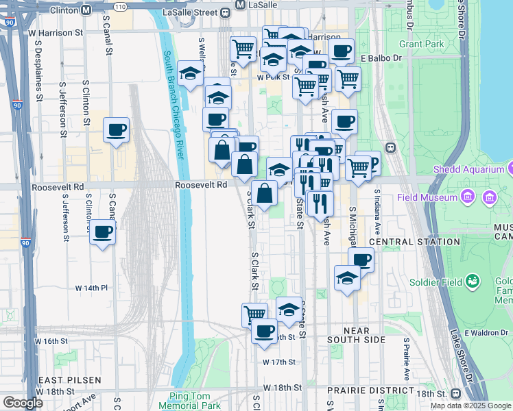 map of restaurants, bars, coffee shops, grocery stores, and more near 1226 South Federal Street in Chicago