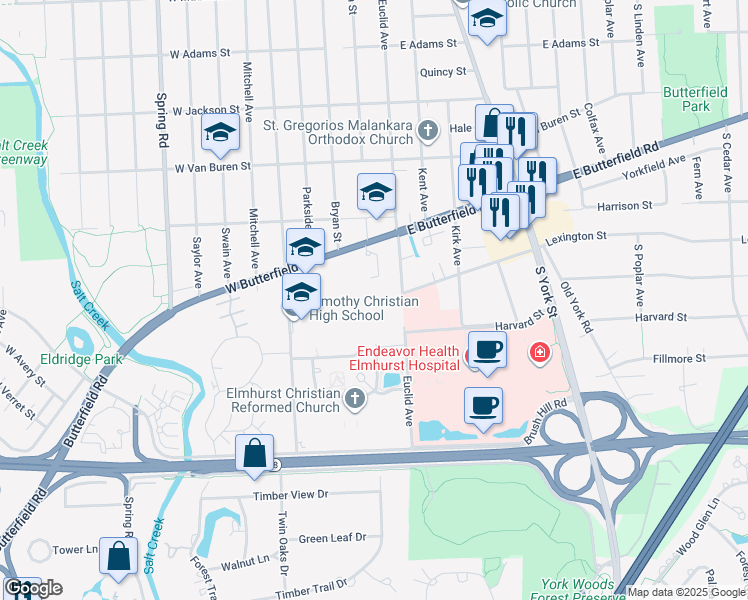 map of restaurants, bars, coffee shops, grocery stores, and more near 110 West Butterfield Road in Elmhurst