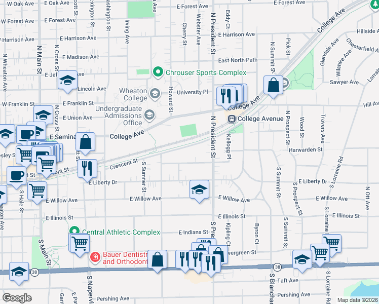 map of restaurants, bars, coffee shops, grocery stores, and more near 820A Crescent Street in Wheaton